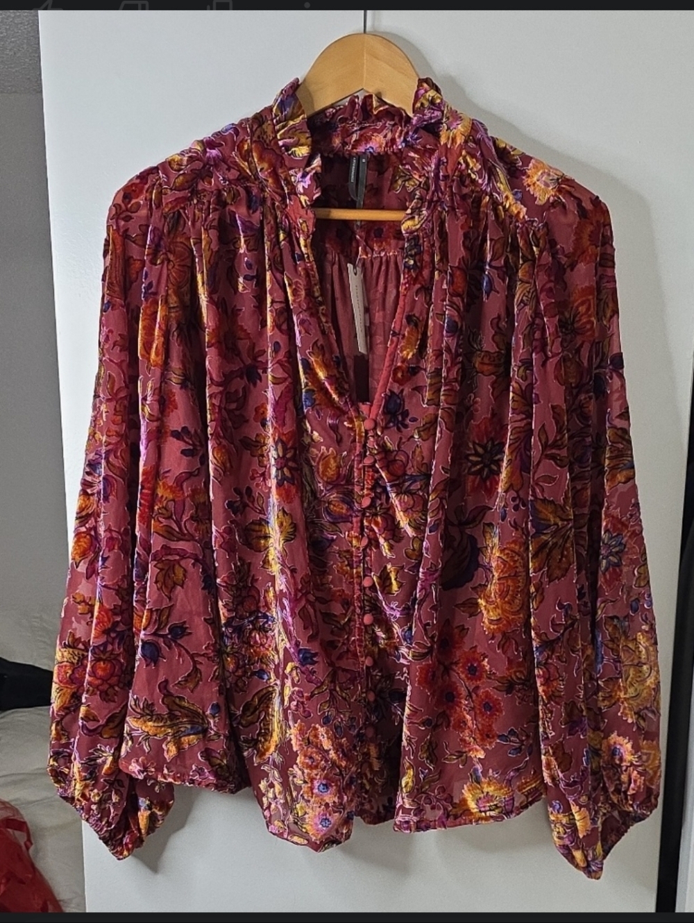 Anthropologie Rose-Pink Velvet Floral Blouse with Ruffle Neck
